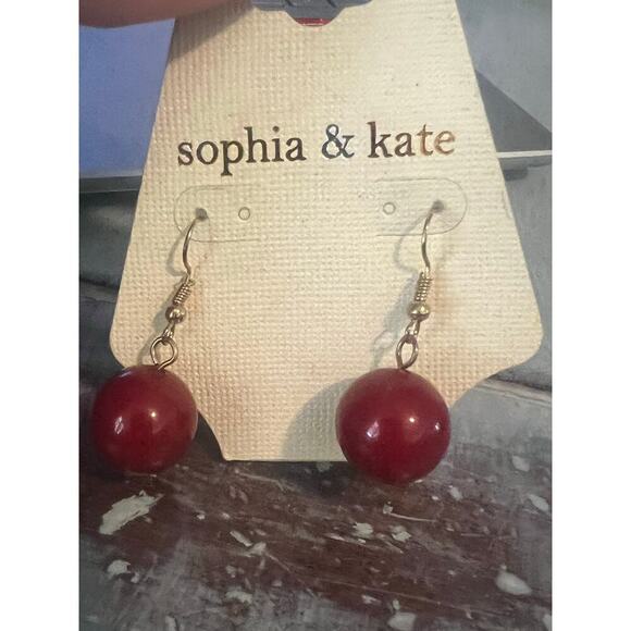 NWT Sophia & Kate Ruby Red Drop Ball Earrings with Gold Tone Hardware Classic - Picture 2 of 4